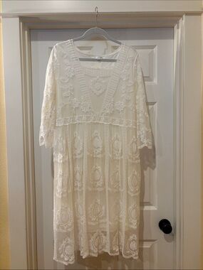 DownEast Cream Lace Midi Dress with Embroidered Detail